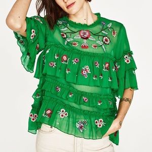 Zara embroidered top with ruffles size s